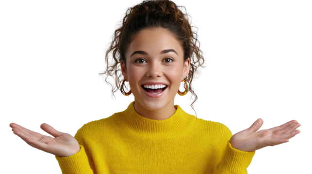 Joyful Woman in Yellow: A captivating young woman with a radiant smile, her hands outstretched in a gesture of openness and delight. Her curly hair and vibrant yellow top exude a warm, inviting aura.