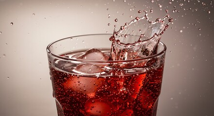 Red soda splash with ice cubes