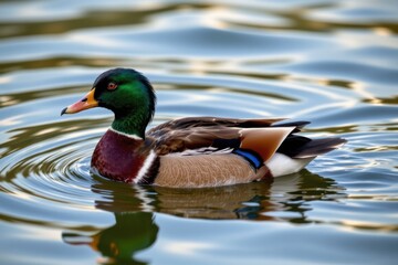Obraz premium Close-up of a male mallard duck swimming in a calm body of water with ripples reflecting sunlight, showcasing detailed colorful feathers and vibrant plumage