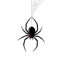 Spooky black widow spider descends on its intricate web, its menacing red eyes gleaming, perfect for Halloween or horror themes