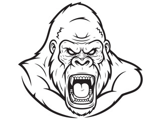 Powerful Roaring Gorilla Head Black and White Illustration