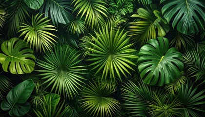 A vibrant collection of various tropical leaves showcasing lush greenery and diverse textures.