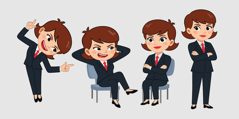Fototapeta premium Set of tiny businesswoman character in actions. 