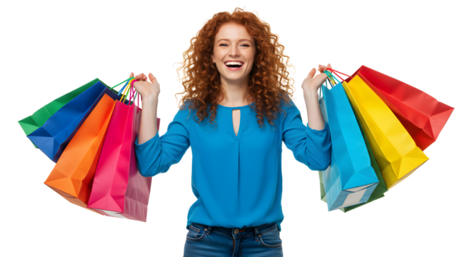 Excited Woman Carrying Colorful Shopping Bags