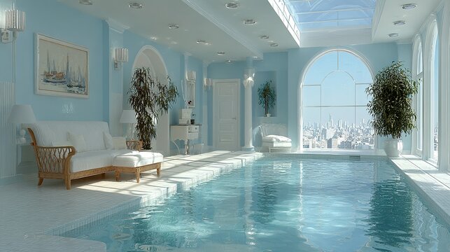 Indoor swimming pool with blue walls and white furniture in a bright room.