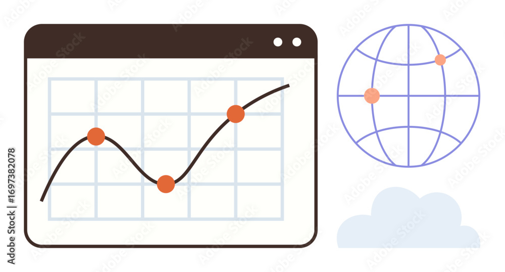 Poster data chart with trend line on screen, connected globe symbol, and cloud. ideal for data analysis, gl