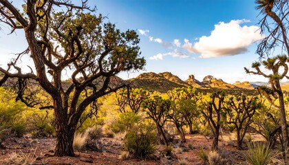 Fototapeta premium A sun-drenched vista of desert landscape, showcasing a cluster of gnarled trees against a backdrop of rocky mountains and a vibrant blue sky.