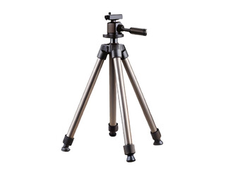 Metallic tripod stand with adjustable legs and camera mount isolated on a transparent background image