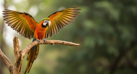 Scarlet macaw parrot with open wings on branch