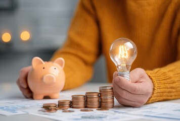Hand holds a glowing lightbulb, with coins, documents, and piggy bank, suggesting saving energy and money ideas