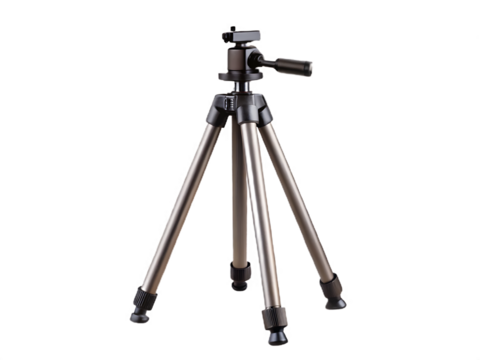 Metallic tripod stand with adjustable legs and camera mount isolated on a transparent background image