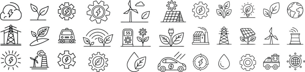 Collection of Outline Icons Representing Sustainable Energy and Green Technology Solutions for a Cleaner Future