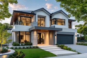 a modern home in the western australian city of perth with grey accents and green grass.