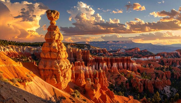 Dramatic landscape of hoodoos at sunset in Bryce Canyon National Park