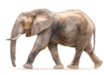 Obraz premium An elephant walking with gray skin and prominent ears and tusks set against a solid white background