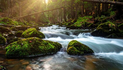 Obraz premium Forest stream at sunrise