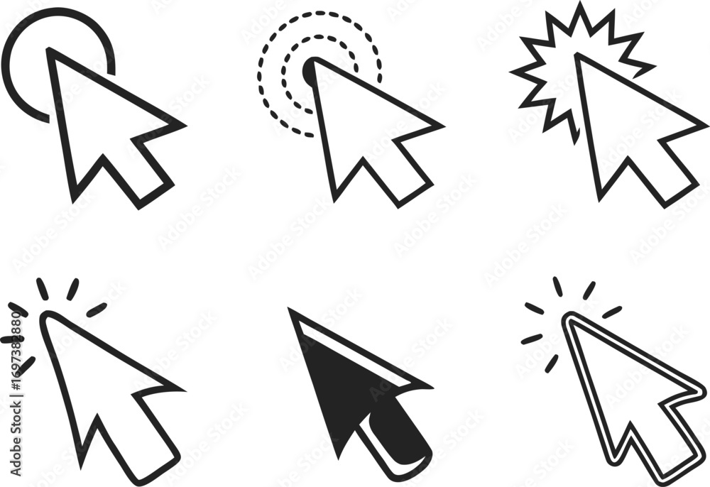 Poster collection of various cursor icons on white background representing click select and interaction opt