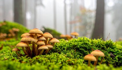 Mushrooms growing in a lush green mossy forest during foggy weather