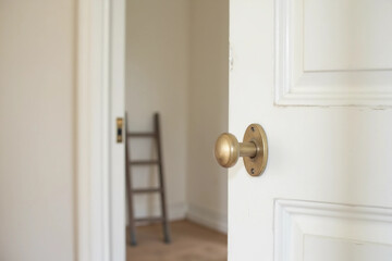 An open white door with a manual one in a renovated apartment. Moving to a new apartment. Doorknob on an open door with a ladder in the room during renovation and painting work.