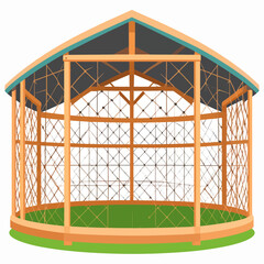 Fototapeta premium An empty wooden aviary or garden gazebo with a circular base and net walls, presented as a flat vector illustration for park or backyard design