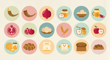 ood icons in colored circles as symbols of Rosh Hashanah holiday