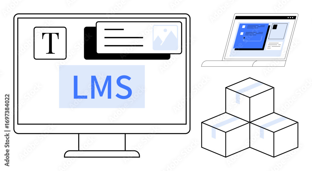 Poster computer screen with lms interface, laptop displaying software, and stacked cubes for resource organ