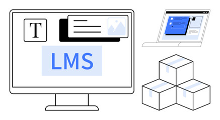 Computer screen with LMS interface, laptop displaying software, and stacked cubes for resource organization. Ideal for education, online learning, technology, productivity, digital management