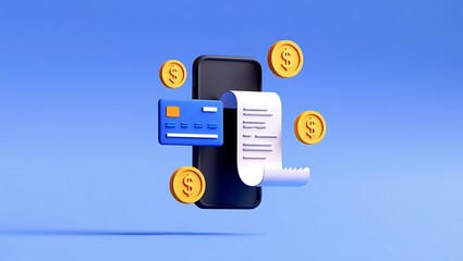 Digital Banking Transaction with Mobile Phone Credit Card Receipt and Gold Coins Illustration