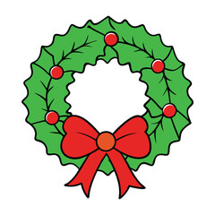 A festive wreath of holly wrapped in a bright red ribbon, symbolizing Christmas cheer and holiday warmth, perfect for decorations and coloring fun.
