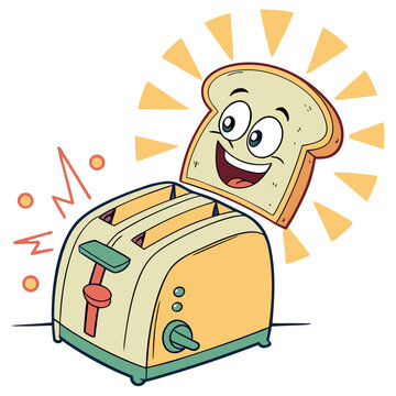 Vector art of a cartoon toaster with a slice of toast popping out and smiling