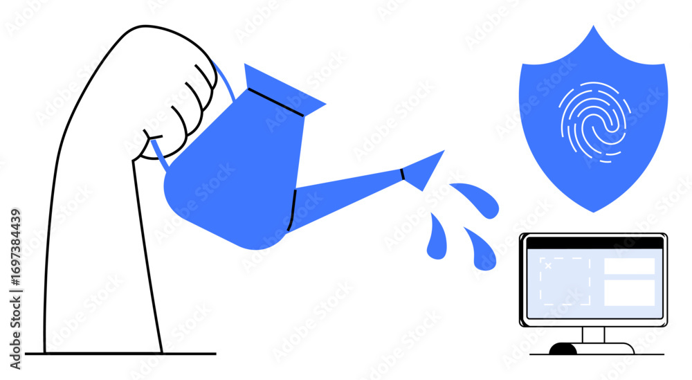 Poster hand watering digital setup tied to fingerprint shield and computer monitor highlights cybersecurity