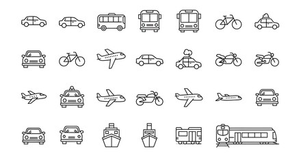 Minimalist Transportation Icons: Cars, Buses, Planes, Bikes, Trains, and Ships.