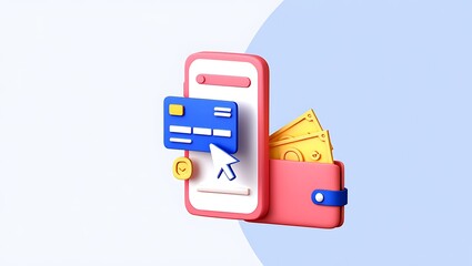 Fototapeta premium Digital Payment Solution 3D Render with Smartphone Credit Card and Wallet Online Money Transfer Application