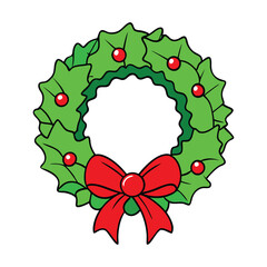 A festive wreath of holly wrapped in a bright red ribbon, symbolizing Christmas cheer and holiday warmth, perfect for decorations and coloring fun.
