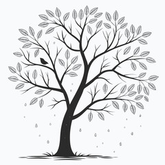 Obraz premium Vector art of stylized tree with black leaves and raindrops, a whimsical and charming illustration
