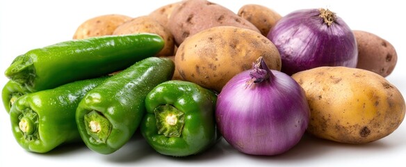 Assorted fresh vegetables potatoes, green peppers, and red onions, clustered together on a white surface