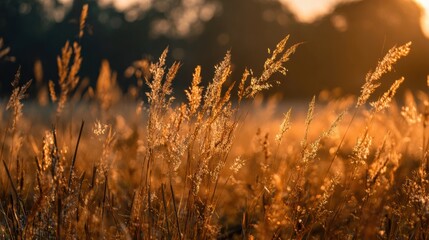 Golden Grass Blades Glowing Under Sunset Light in Serene Meadow with Soft Bokeh Background for Nature Lovers