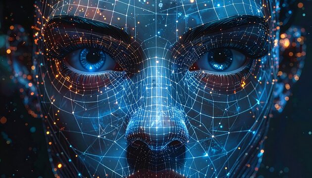 Digital woman's face with glowing network