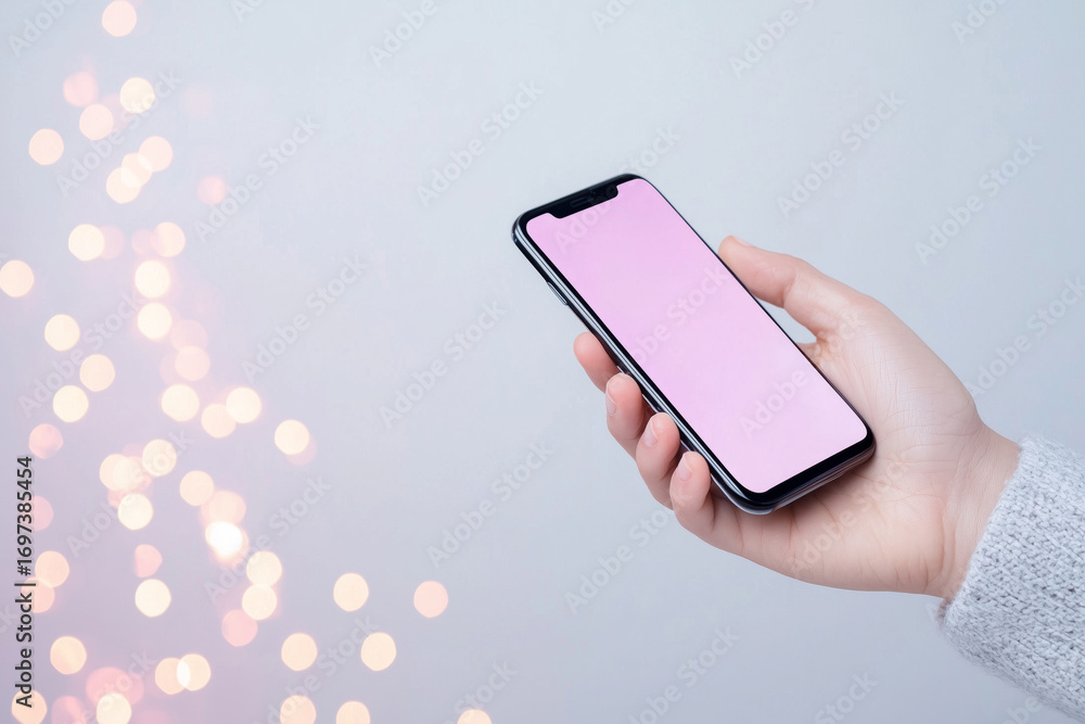 Poster hand holding smartphone with blank screen against soft background with bokeh lights, creating modern