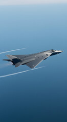 Naklejka premium Fighter Jet Flying High with Vapor Trails Against Blue Sky Backdrop