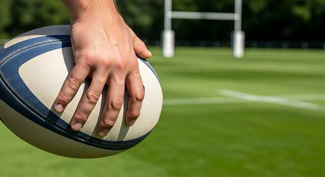A close-up view of a hand gripping a rugby ball on a green field.