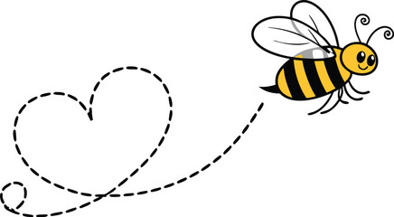 Cute cartoon bee flying with a dotted line heart trail illustration for kids and design projects