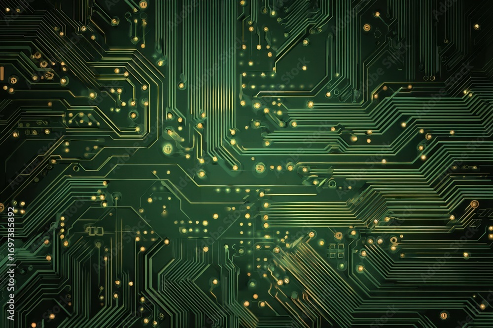 Aufkleber abstract green circuit board background illustration with bright lights and intricate patterns for t