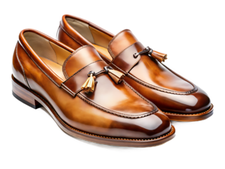 Polished leather tassel loafers isolated on a transparent background shoes brown