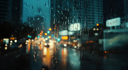 Fototapeta premium Rainy city scene with blurred lights and reflections on window creates moody atmosphere. droplets add depth and texture to image