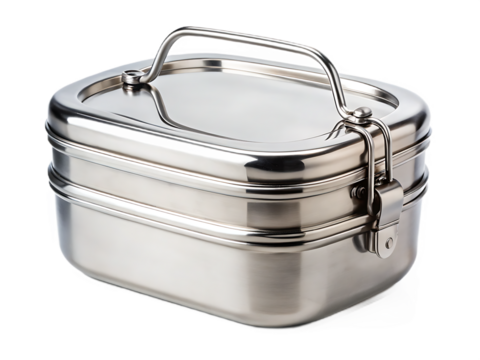 Polished metal food container with folding handle isolated on a transparent background lunch