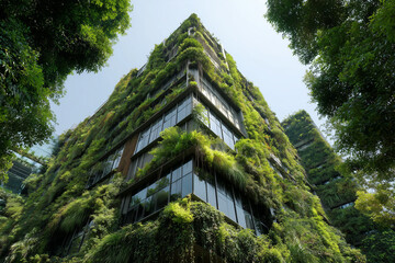 Lush Green Vegetation Climbing Modern Building Facade