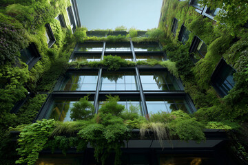Lush Green Vegetation Climbing Modern Building Facade