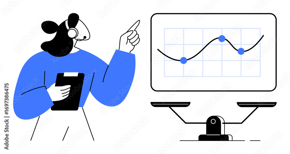 Aufkleber professional reviewing clipboard and graph on monitor with balance scales symbolizing data-driven de