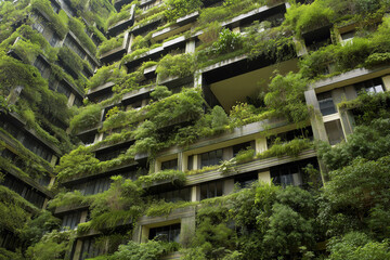 Lush Green Vegetation Climbing Modern Building Facade